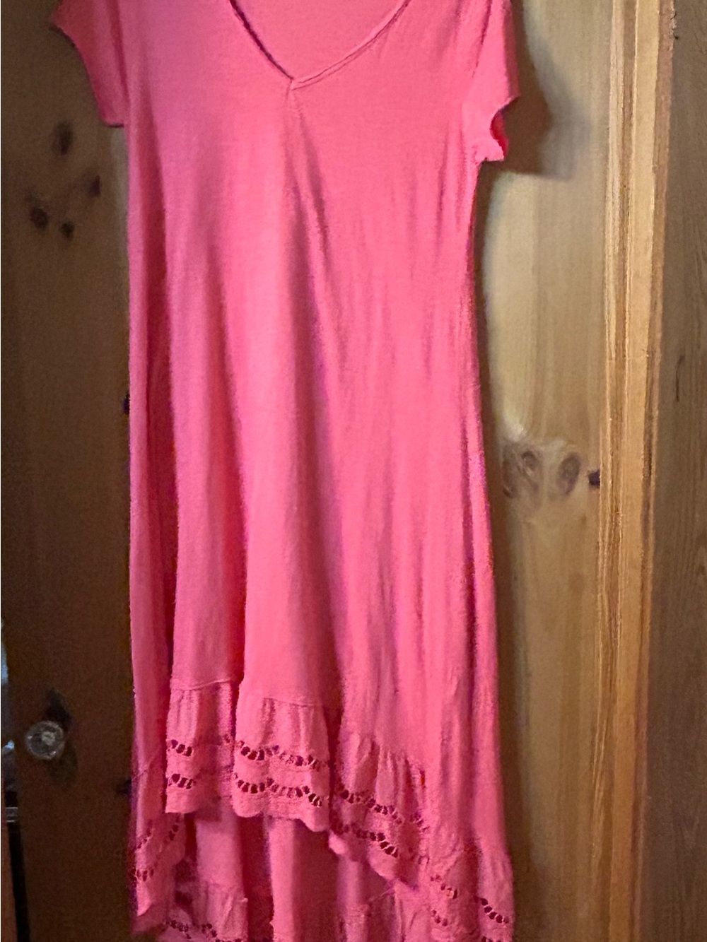 Women's Coral High-Low V-Neck Dress with Crochet Hem